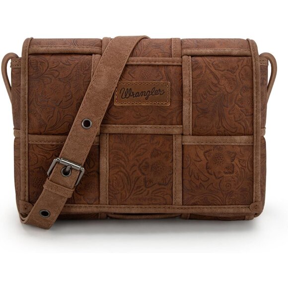 Wrangler Women's Flap Brown Woven Crossbody Bag with Adjustable Strap and Floral
